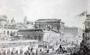 在赫库兰尼姆发现的古物被运往那不勒斯博物馆，约1782年（纸上钢笔、墨水和水彩画 作者 路易·简·德斯普雷斯
