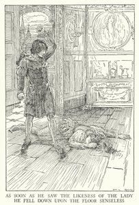 一看到那位女士的模样，他就毫无知觉地倒在地上（石版画） 作者 路易斯·约翰·黑德