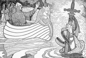湖中女士 (fee viviane) 的代表，亚瑟王传说中的人物，给予亚瑟王重剑 Excalibur（亚瑟王传说：湖中女士 (Nimue, Viviane) 给予亚瑟王他的剑 Excalibur） 插图由 Louis Rhead (1858) -1