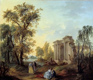 由 Louis Joseph Watteau di Watteau de Lille (1731-1798) 创作的 Walk Champetre 绘画，18 世纪。 Sun 1.02x0.8 m 马赛，美术博物馆