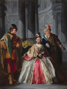 为化妆舞会穿戴的三个人物，约1740年代。