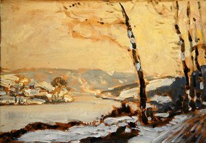 卡塞尔附近的富尔达山谷，有雪（纸板油画）