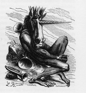 Ars Goetia中的AMDUSCIAS恶魔--Amdusias--源自goetie信仰的恶魔（召唤恶魔的艺术和实践）--载于Collin de Plancy的《地狱词典》--L. Breton的雕刻。巴黎