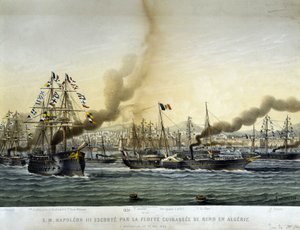 拿破仑三世在战列舰的护送下于1860年9月前往阿尔及利亚，1865年版画。