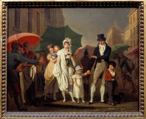 穿着巴黎总理帝国时装的布尔乔亚人在雨中保护自己。画家：Louis leopold Boilly (1761-1845) 19世纪 太阳。0,32x0,4米 - 倾盆大雨。穿着第一帝国时装的巴黎资产阶级在保护自己的身体。 作者 路易斯·利奥波德·博伊