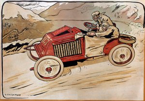 Automobile: a racing car. Marcel Renault (1872-1903) and Rene Vauthier crossing the Alps during the race PARIS-VIENNA in 1902 in car 147. Lithograph by Louis Lucien Faure Dujarric (1872-?) , 20th century. Conservatoire national des Arts et Metiers, Paris 作者 路易斯·卢西安·福伊恩·杜埃里克