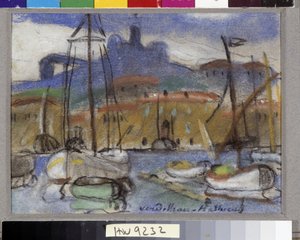 从港口出发的La Bonne Mère Vue de Marseille 与加德圣母大教堂（Notre-Dame-de-la-Garde），也被称为“Bonne Mère”。 Louis Mathieu Verdilhan (1875-1928) 创作的粉彩 强制提及：Regards de Provence 基金会收藏，马斯