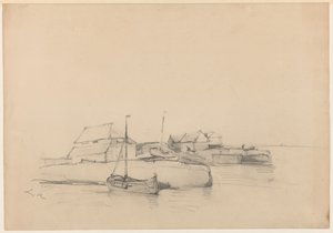 海岸附近的房屋和两艘船