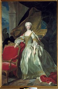 玛丽·特蕾莎 (Marie-Therese) Raphaelle 的全长肖像，西班牙的公主，法国的太子 (1726 - 1746)。 Louis Michel Van Loo 的绘画 (1707 - 1771) 作者 路易斯·米歇尔·范·卢