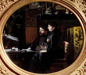 Alphonse Daudet (1840 - 1897) 和他的妻子 Julie Allard (1844-1940) 在他们的办公室。 路易斯·蒙特古特（Louis Montegut）的绘画（1855-？）
