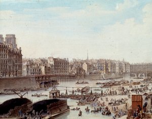1782 年巴黎港口码头的海上生活和塞纳河上的商业活动。 细节。 Louis de Lespinasse (1734-1808) 的画作，1782 年。巴黎，卡纳瓦莱博物馆