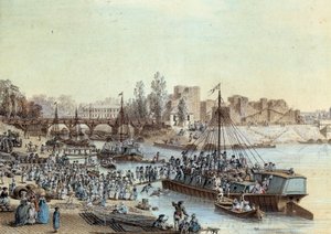 运输船装载的乘客到达码头。 Louis de Lespinasse (1734-1808) 的画作，1782 年。巴黎，卡纳瓦莱博物馆