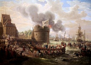 路易十六国王于 1786 年 6 月 23 日参观瑟堡港的作品 路易斯·菲利普·克雷平 (Louis Philippe Crepin) (1772-1851) 的画作，1786 年巴黎，卢浮宫博物馆。