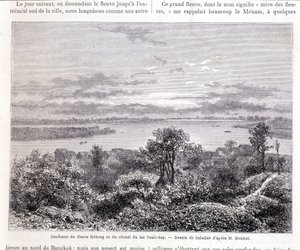 Confluence of the Mekong River and Lake Touli Channel - slap. Drawing by Sabatier according to Mr. Mouhot. “Tour du monde”