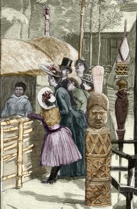 1889年世界博览会--荣军院广场上的卡纳克村（展览期间展出的卡纳克村：人类动物园）--路易-蒂纳尔（1861-1942）的绘画作品--载于1889年7月22日的《世界画报》。