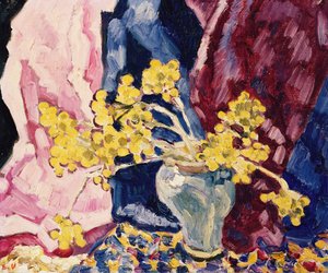 蓝色花瓶、黄色花朵和窗帘，约 1938 年（布面油画） 作者 路易斯·瓦尔塔特