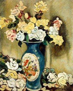 蓝色花瓶中的红玫瑰花束，约 1920 年（布面油画） 作者 路易斯·瓦尔塔特