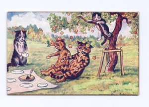 落在两只猫的applea一张维多利亚女王时代的贺卡在野餐，c.1880 作者 路易·韦恩