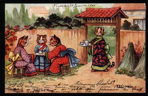 动物在人类的姿势。穿着和服的猫在日本花园里喝茶。明信片。路易斯-韦恩（1860-1939）的彩色石版画，他是一位英国艺术家，以描写大眼睛的猫而闻名。20世纪初。收藏品pr 作者 路易·韦恩