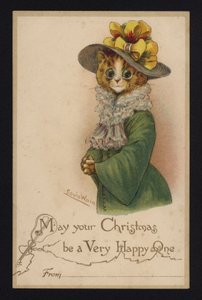 猫戴着女人的帽子和外套，圣诞贺卡 (chromolitho) 作者 路易·韦恩