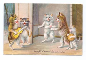 弹有三只其他猫和小猫的猫的爱德华七世时代的明信片吉他，c.1910 作者 路易·韦恩