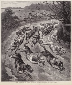 狩猎季节开始时，猎犬在欢呼雀跃（平版）。 作者 路易·韦恩