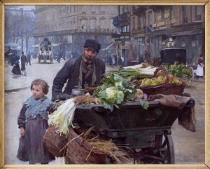 巴黎四季商人。 在他身后，卢浮宫酒店（第一区） Louis Marie de Schryver（1862-1942）的绘画，布面油画