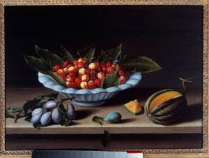 樱桃、李子和甜瓜的杯子 路易丝-莫永（1610-1696）的画作 1633年，太阳。0,48x0,65米