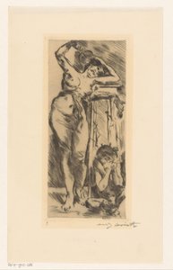 手持扇子的女性裸体，右侧是蜷缩的身影 作者 Lovis Corinth（艺术家签名）