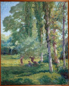 Loys Prat (1879-1934) 的白杨树下草地上的情侣，20 世纪。 布面油画。 唐泽尔，市政厅。