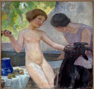 与山羊玩耍的裸体女孩 Joseph Loys Prat (1879-1934) 的画作，20 世纪。 布面油画。 唐泽尔，市政厅。