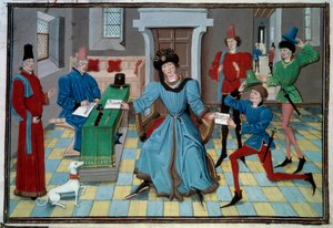 一个微型信使的到来，来自Loyset Liedet（活跃于1448至1478年间）的手稿《Renaud de Montauban》或《Les quatre fils Aymon》。5073号文件。15世纪 巴黎兵工厂图书馆 作者 洛伊塞特·利德