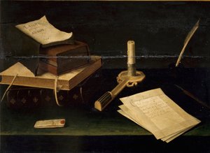 书籍、羽毛、信件和蜡烛的静物画 卢宾-鲍金（1610-1663） 17世纪 罗马斯帕达画廊