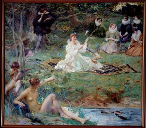 Marie F. des Ursins, Duchess of Montmorency and theophile de Viau a Chantilly at the Pavilion of Sylvie Painting by Luc Olivier Merson (1846-1920) 1895 Sun.1,88 X 2,10米 尚蒂伊，康德博物馆