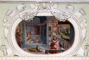 沐浴、诱惑的场景。 卢卡·坎比亚索 (Luca Cambiaso) 的壁画 (1527-1585) 作者 卢卡·坎比亚索