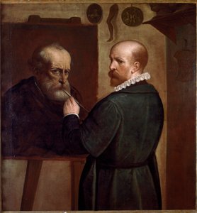 Self-portrait of the artist making the portrait of his father Painting by Luca Cambiaso (1527-1585) 1570 approx. Sun. 104x97 cm Genes, Musei di Strada Nuova