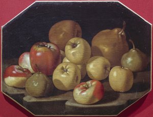 苹果和梨的静物，卢卡·福特 (1610-1670) 的油画 作者 卢卡·福特（Luca Forte）
