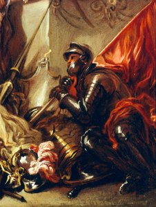 手持旗帜的士兵，《战争寓言》中的细节，由Luca Giordano（1634-1705）创作，布面油画，61x50厘米 作者 卢卡·乔丹奴（Luca Giordano）