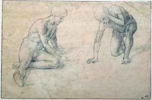 两个裸体男人蹲着 绘画：Luca Signorelli (1441-1523) 15世纪 太阳。0,31x0,7米 巴黎，卢浮宫博物馆