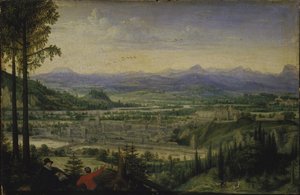 林茨的景色，前景是艺术家的绘画，1593年。 作者 卢卡斯·瓦尔肯博奇面包车