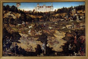 在托尔高城堡（德国）狩猎以纪念查理五世。 老卢卡斯·克拉纳赫 (Lucas Cranach the Elder) 的绘画 (1472-1553) 作者 老卢卡斯·克拉纳赫