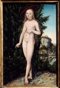 老卢卡斯·克拉纳赫 (Lucas Cranach the Elder) (1472-1553) 1529 年创作的山水画中的金星，木上油彩，暗淡。 0,38x0,25 m - 金星站在风景中。 老卢卡斯·克拉纳赫 (Lucas Cranach the Elder) 的绘画 (1472-1553)
