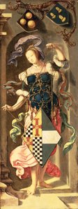 杰里科的盲人治疗，三联画的右侧面板显示年轻女孩与赞助人的徽章，1531（油画布从面板转移）
