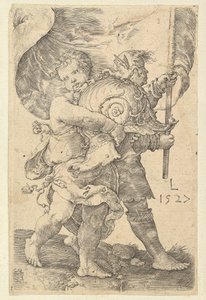 1527年，《两个戴着头盔和标准头盔的男孩》。 作者 卢卡斯·范·莱登