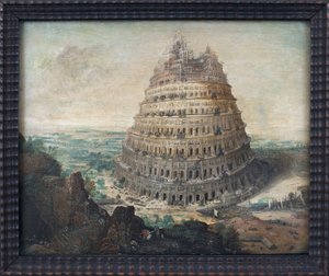 巴别塔。 Lucas Van Valkenborch 的绘画（大约 1535-1597 年），木头油画，佛兰德艺术