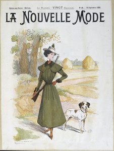 穿着猎装的女子，佩戴步枪--载于1898年9月的《新时尚》。 作者 露西安·梅蒂（Lucien Metivet）