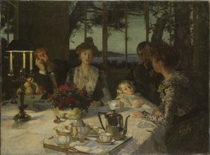 Parler dans le crepuscule - 黄昏中的谈话，Simon, Lucien (1861-1945)。 布面油画。 尺寸：140x190 厘米。 斯德哥尔摩国家博物馆