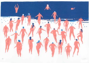 裸体海滩奔跑》，2016 年（丝网版画）