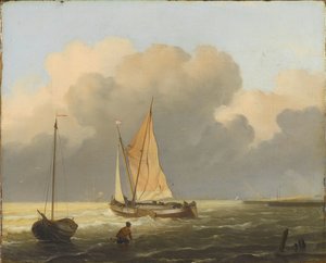 海岸外的海洋，与 Spritsail 驳船 作者 鲁道夫·巴库伊森