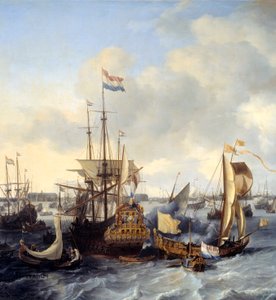 阿姆斯特丹港的详细视图。 Ludolf Backhuysen (1631-1708) 1666 年作画。 1,28x2,21 m